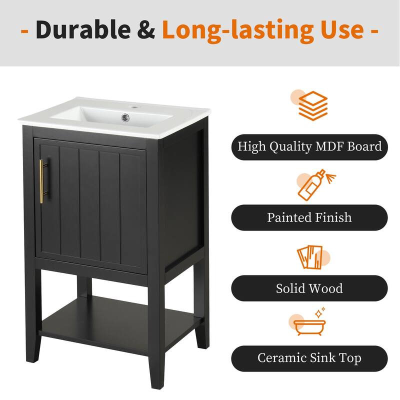 20" Bathroom Vanity Cabinet with Ceramic Sink, Soft Close Door, Storage Rack and Open Shelf