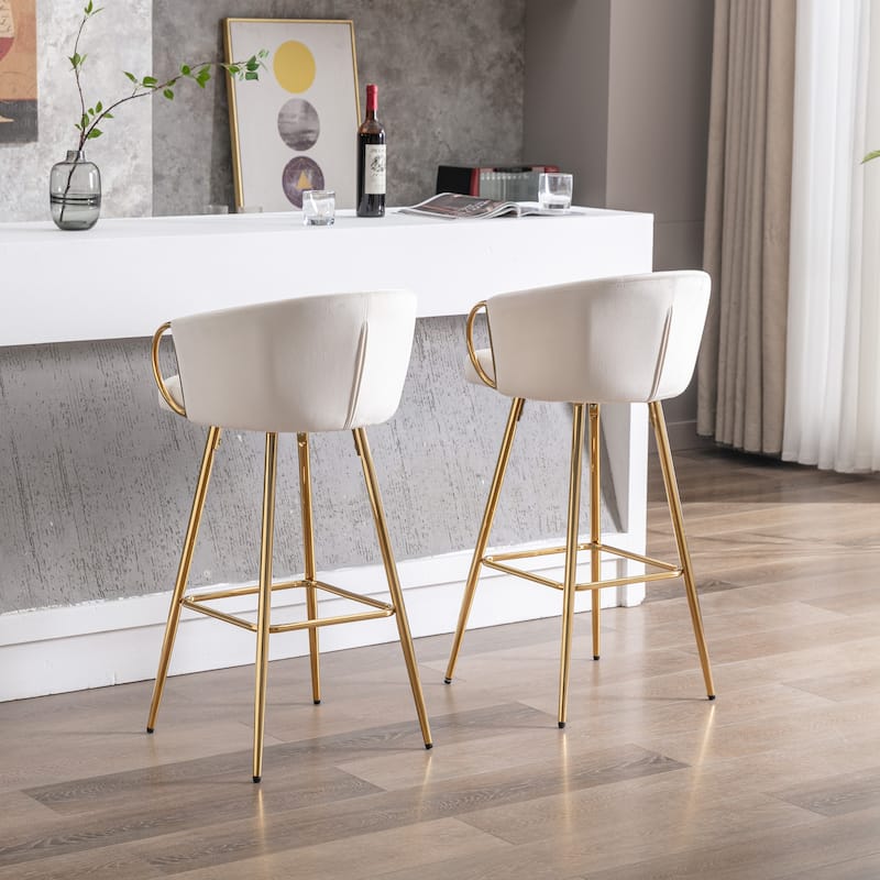 Set of 2 26" Bar Stools, Cream Velvet with Chrome Footrest & Gold Legs
