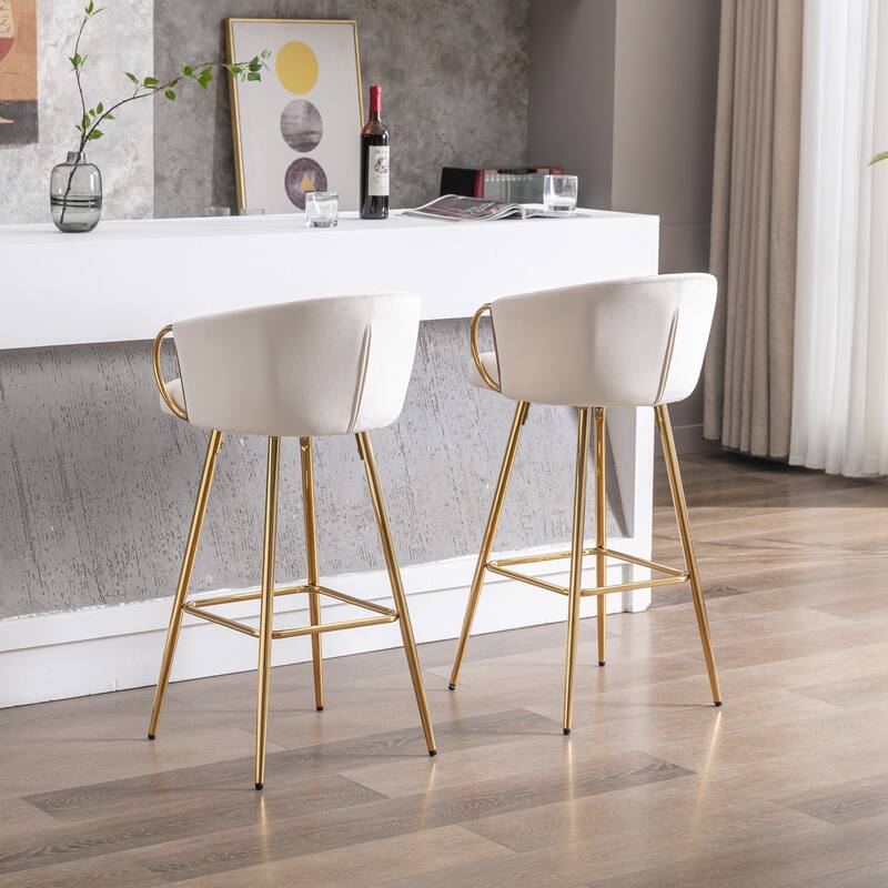 Velvet Bar Stools Set of 2, Counter Height Bar Chairs with Armrests, Kitchen Island Stools with Footrest and Golden Legs