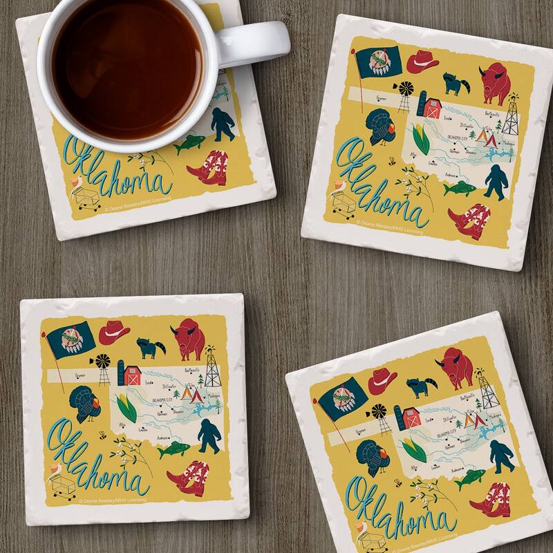 Oklahoma 4-Pack Absorbent Stone Coasters with Protective Cork Backing 4" Square Made in The USA Artistic Easily Wipes Clean