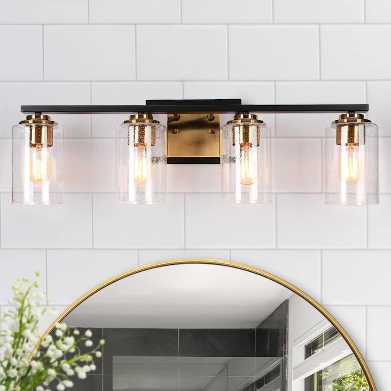 Modern Black Gold 3-Light Bathroom Vanity Lights Wall Lighting with Seeded Glass Shade - 28" L-4-Light