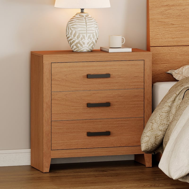 WAMPAT Farmhouse Nightstand with 3 Drawers, Large Wood Bedside Table