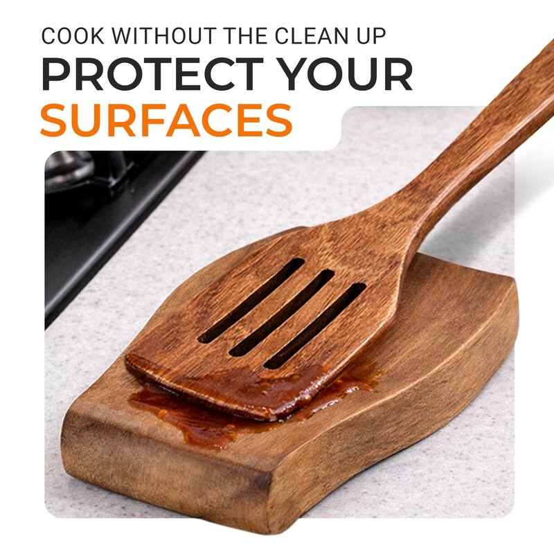 Cheer Collection Teak Wood Spoon Rest with Non-Slip Base, Curved Drip Catch Design