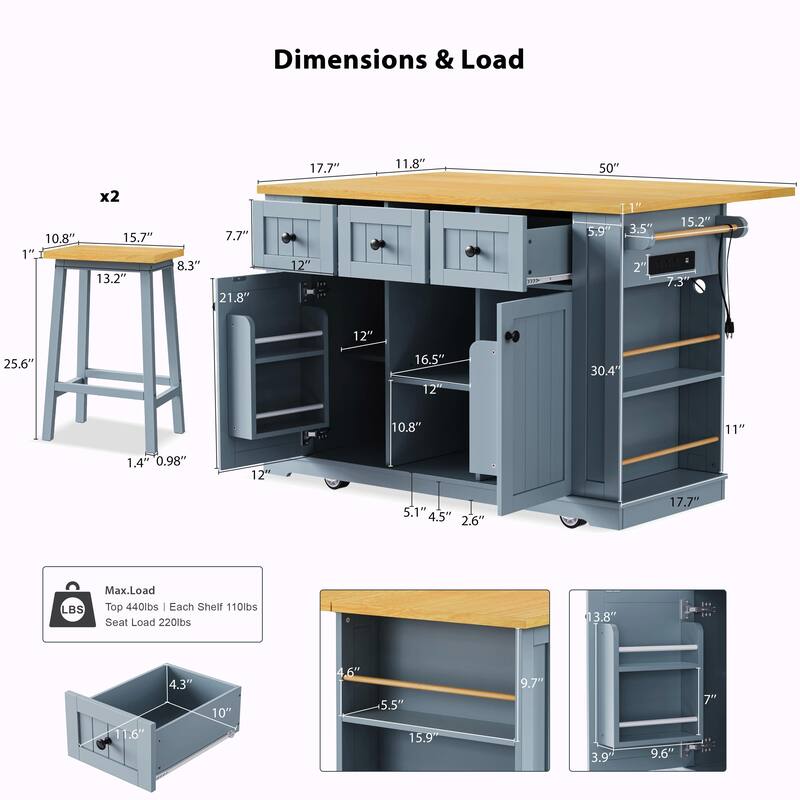 53" Kitchen Island with 2 Bar Stools, Power Outlet, 5-Wheel Cart with Drop Leaf