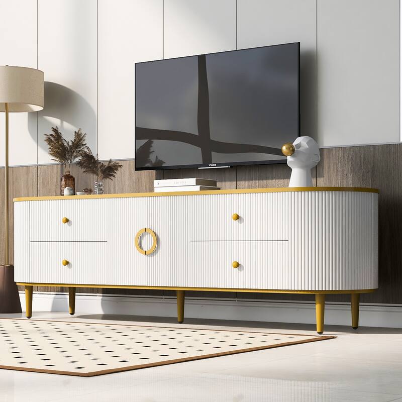 Modern TV Stand for TVs up to 80 Inches, Entertainment Center with 4 Drawers and 1 Cabinet, Wood TV Console Table