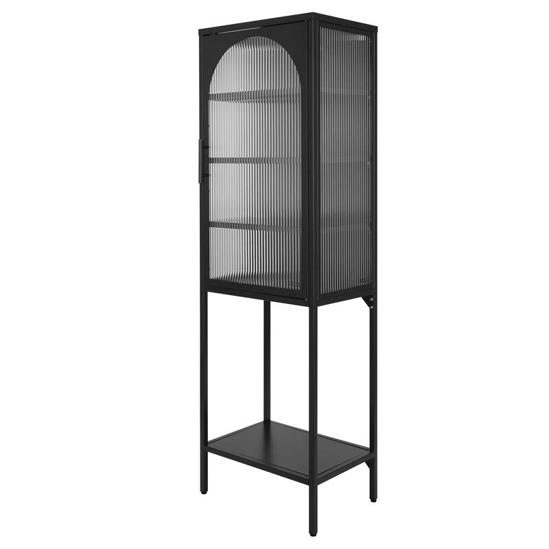 Tempered Glass High Cabinet with Arched Door Adjustable Shelves and Feet Anti-Tip Dust-free Fluted Glass Kitchen Credenza