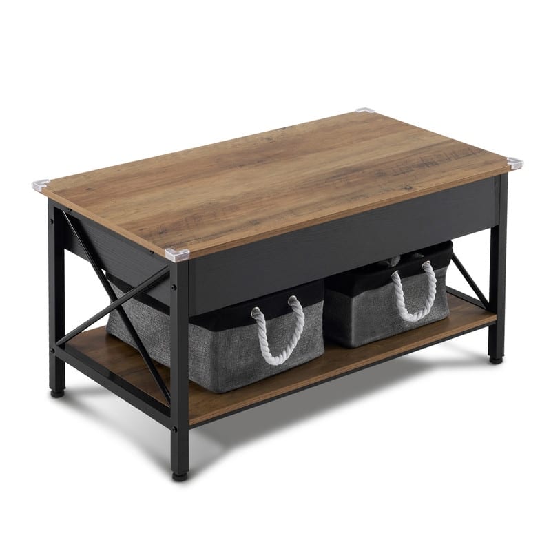 VINGLI Adjustable Side X-shaped Metal Frame Rectangular P2 Board Brown Panel Wood Grain Side Panel Coffee Table