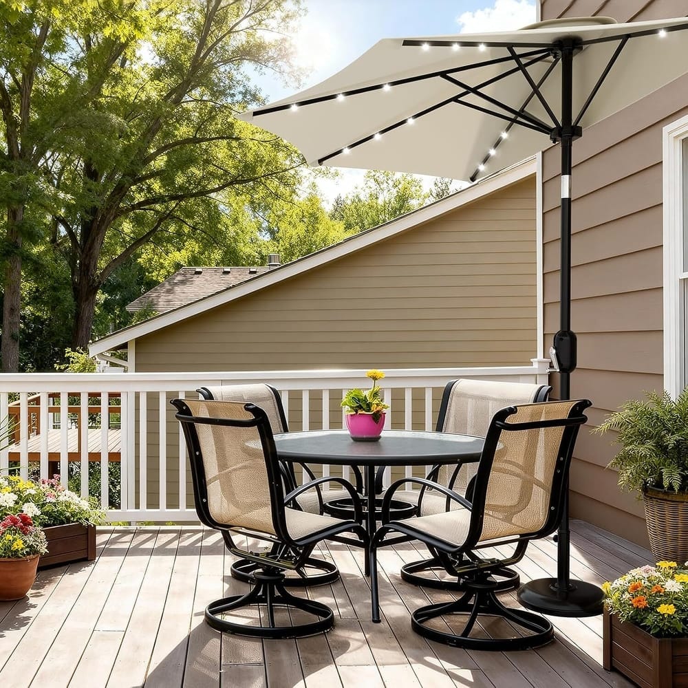 9FT Half Patio Umbrella with Smooth Crank Lift, Shade Canopy for Patio, Backyard, Garden with LED Lights (No Base)