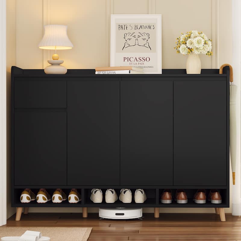 Sleek and Contemporary Shoe Cabinet with Adjustable Shelves, Minimalist Home Organizer with Solid Wood Legs