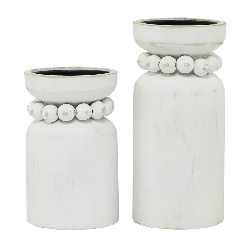 Brown or White Wood Beaded Pillar Candle Holder (Set of 2)