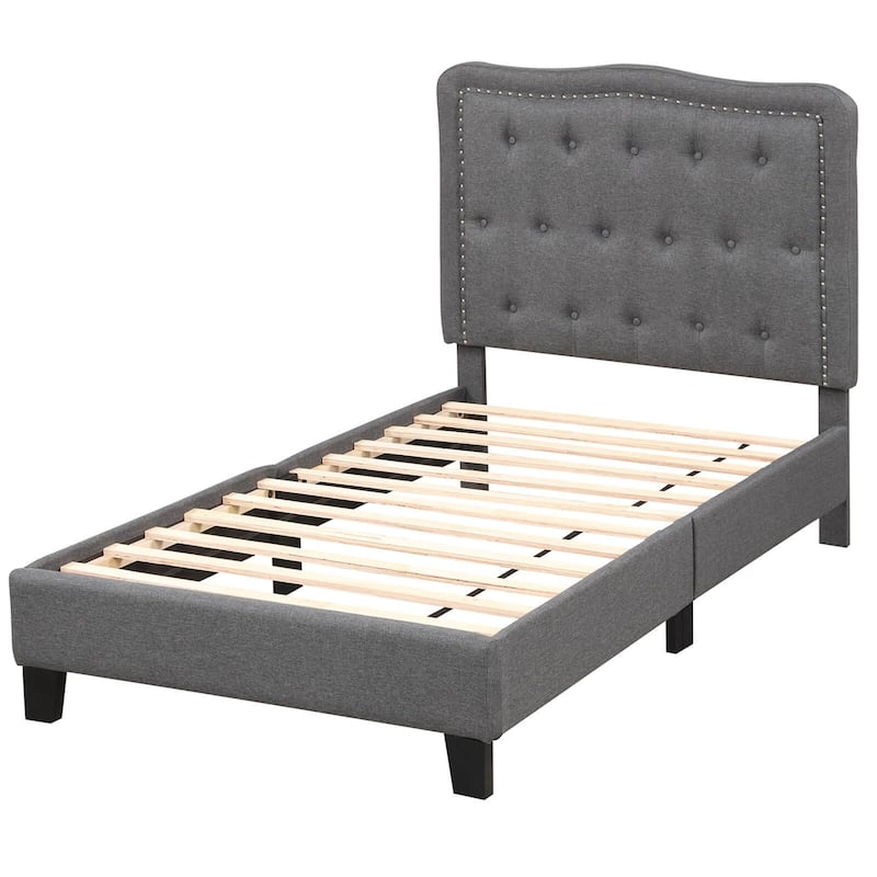 Twin Size Bed Frame Modern Linen Upholstered Platform Bed - Grey