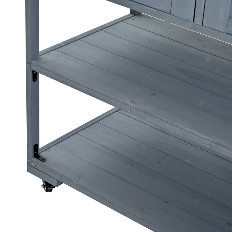 Solid Wood 62.3'' Patio Kitchen Island Kitchen Cart with Stainless Table Top, Garden Potting Bench with Raised Shelf and Drawers