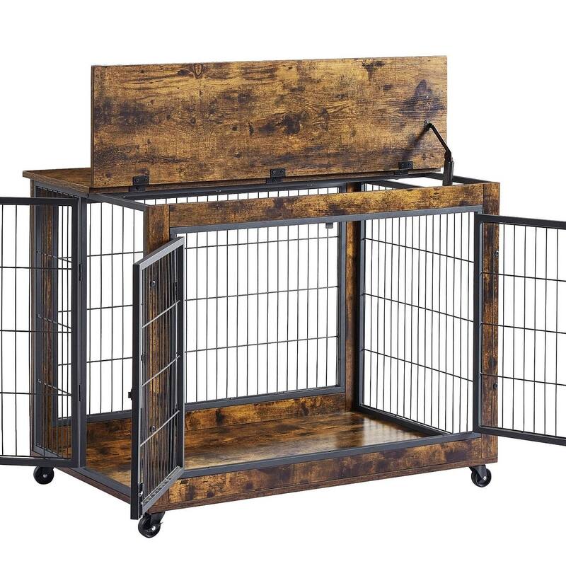 Dog Crate Furniture with Double Doors on Casters