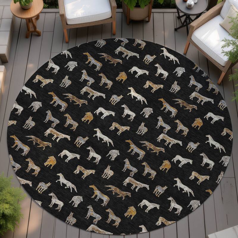 Machine Washable Indoor/ Outdoor Horses Chantille Rug - Black - 8' x 8'