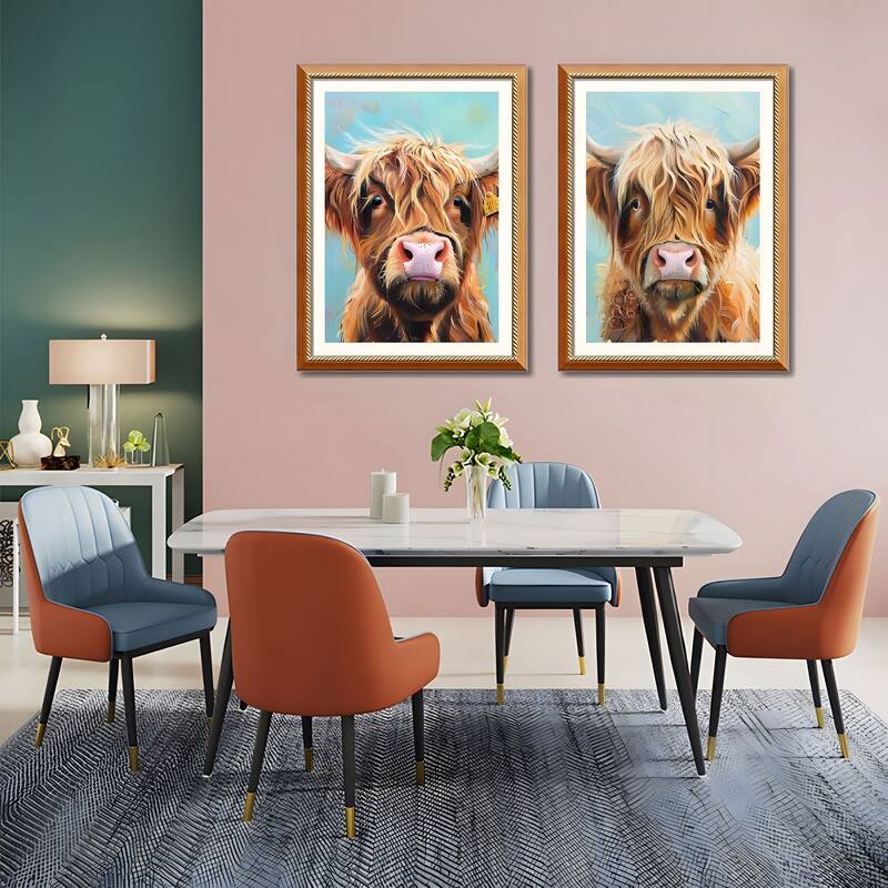 Set of 2 Highland Cow Framed Wall Art - Replaceable Canvas Prints with Solid Wood Picture Frames, Farmhouse Animal Wall Decor
