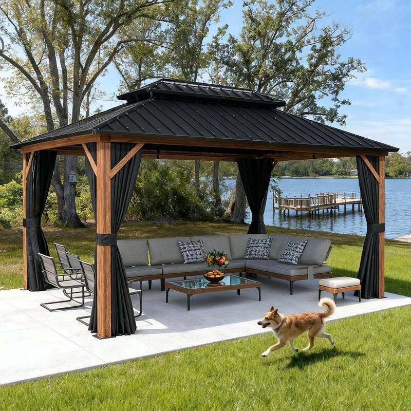 PURPLE LEAF Double Top Outdoor Sunroom Screen House Patio Hardtop Gazebo Wood Grain - 10ft x 14ft - Wood Grain Gazebos