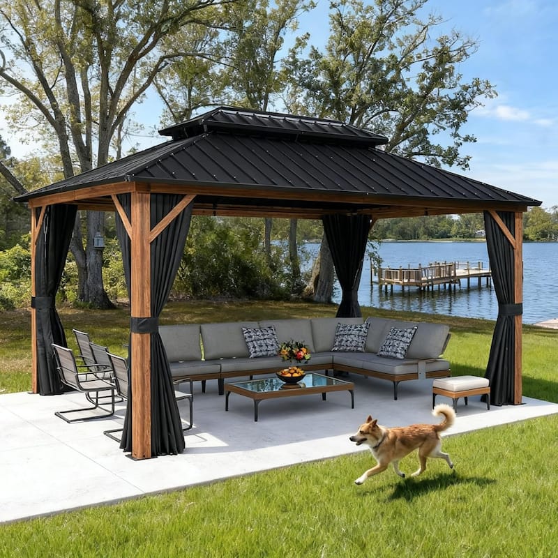 PURPLE LEAF Patio Hardtop Gazebo for Outdoor Wood Grain Aluminum Frame Galvanized Steel Double Roof and Backyard Garden - 10ft x 14ft - Wood Grain