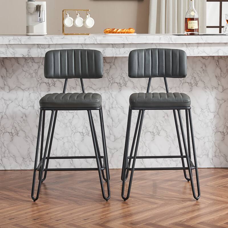 Industrial Style Bar Stools Set of 2, Faux Leather Bar Chairs with Metal Frame,Counter Height for Kitchen Island