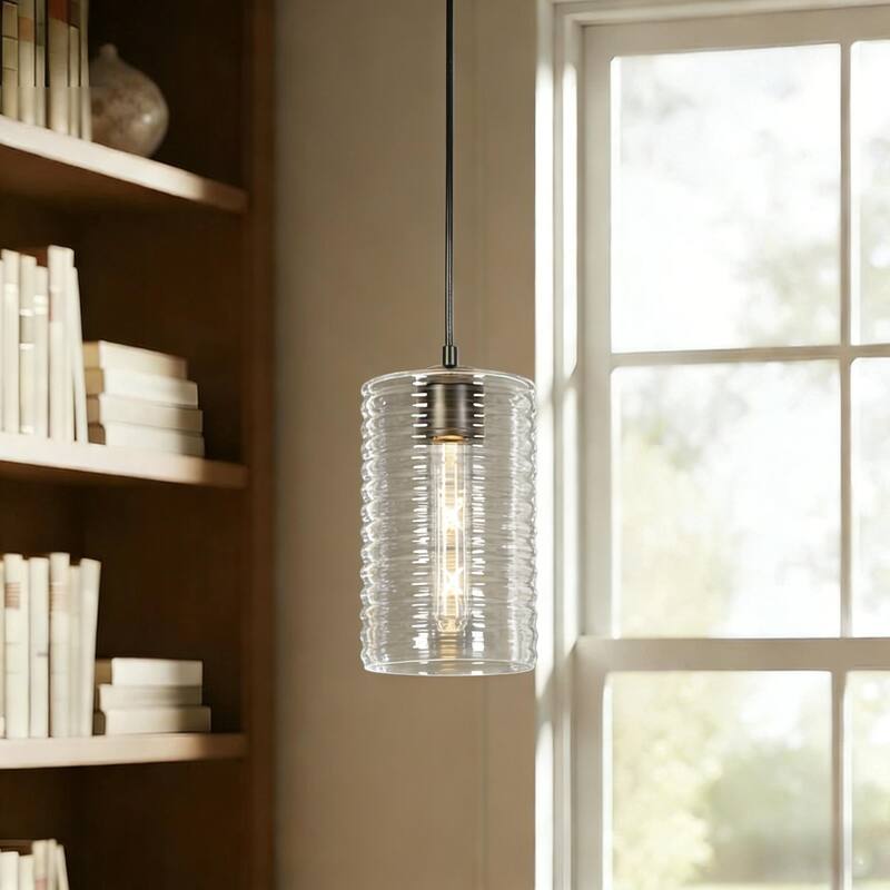 Modern Minimalist 1-Light Black Cylindrical Pendant Light Clear Striped Glass Cylindrical Kitchen Island Light for Dining Room