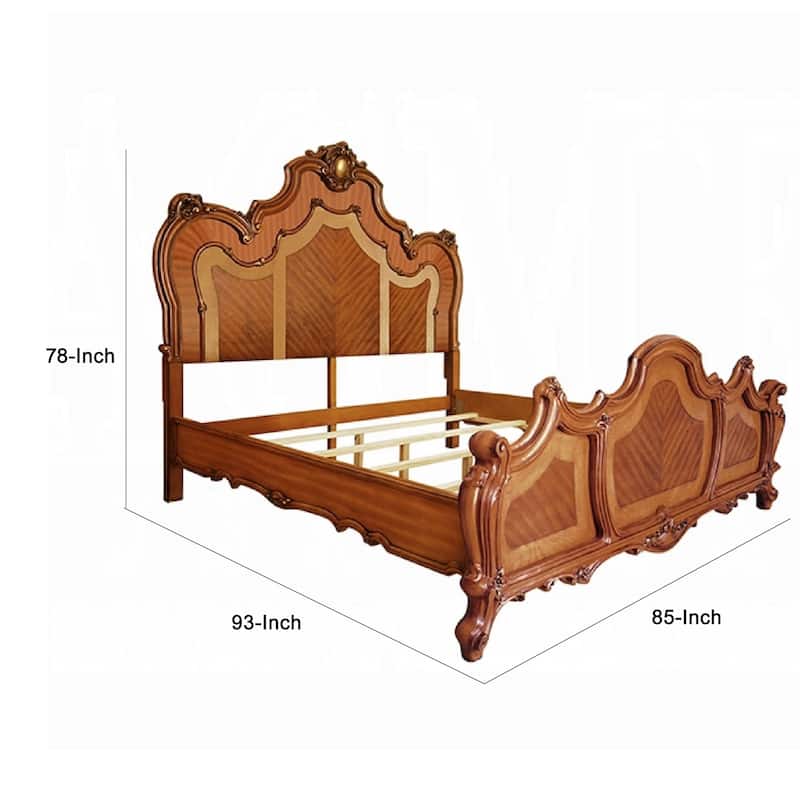 Pico California King Bed, Crown Molded Scrolled Trim, Honey Brown Wood