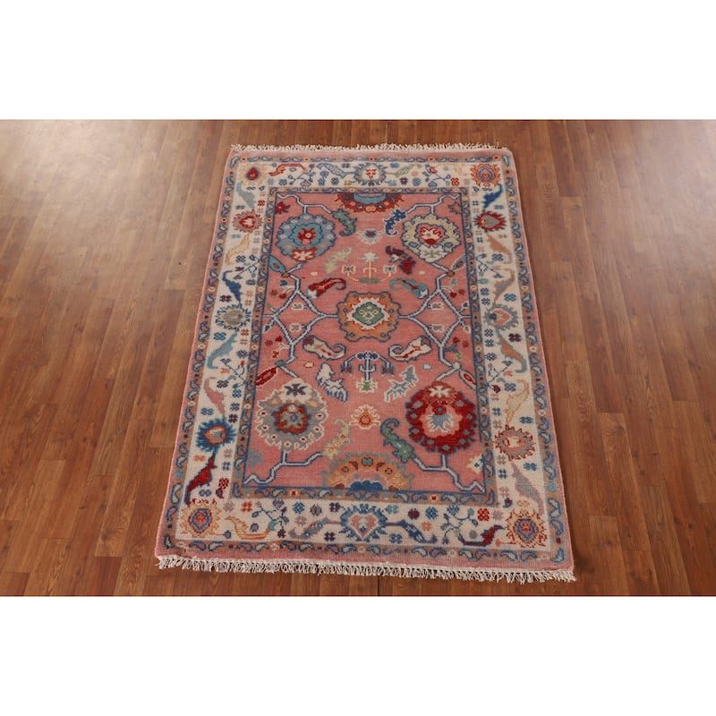 Floral Oushak Oriental Area Rug Hand-Knotted Wool Carpet - 4'0"x 5'9"