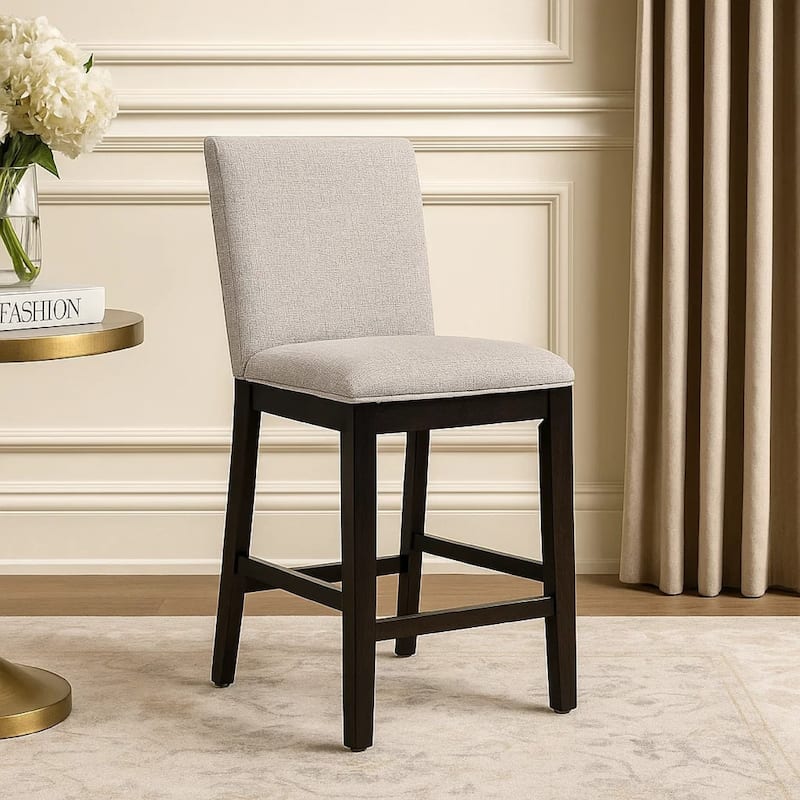Nea Counter Stool Chair Set of 2, Gray Polyester, Dark Brown Wood Frame