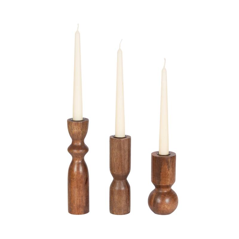 Kate and Laurel Pico Taper Candle Holder Set - 3 Piece - Walnut Brown