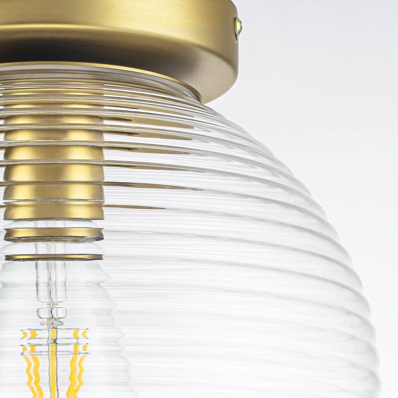 9.84 in. 1-Light Modern Brushed Gold Ribbed Clear Glass Globe Semi-Flush Mount Ceiling Light - 9.84 in. W x 10.63 in. H