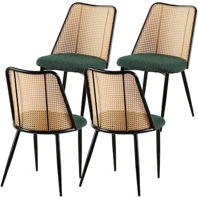 Green Rattan Dining Chairs Set of 4,Boucle Chairs with Natural Cane Back, Upholstered Dining Room Kitchen Chair