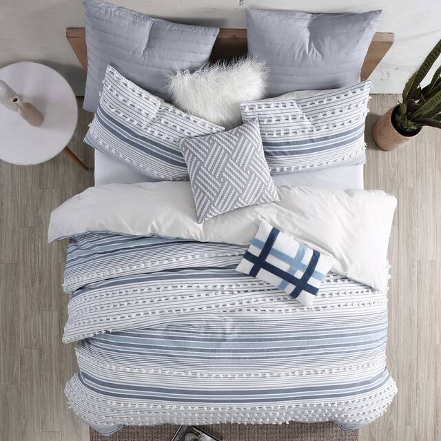 Anahita 100% Cotton Clipped Dot Stripe Jacquard 5-Piece Bedding Comforter Set - Navy - Full - Queen
