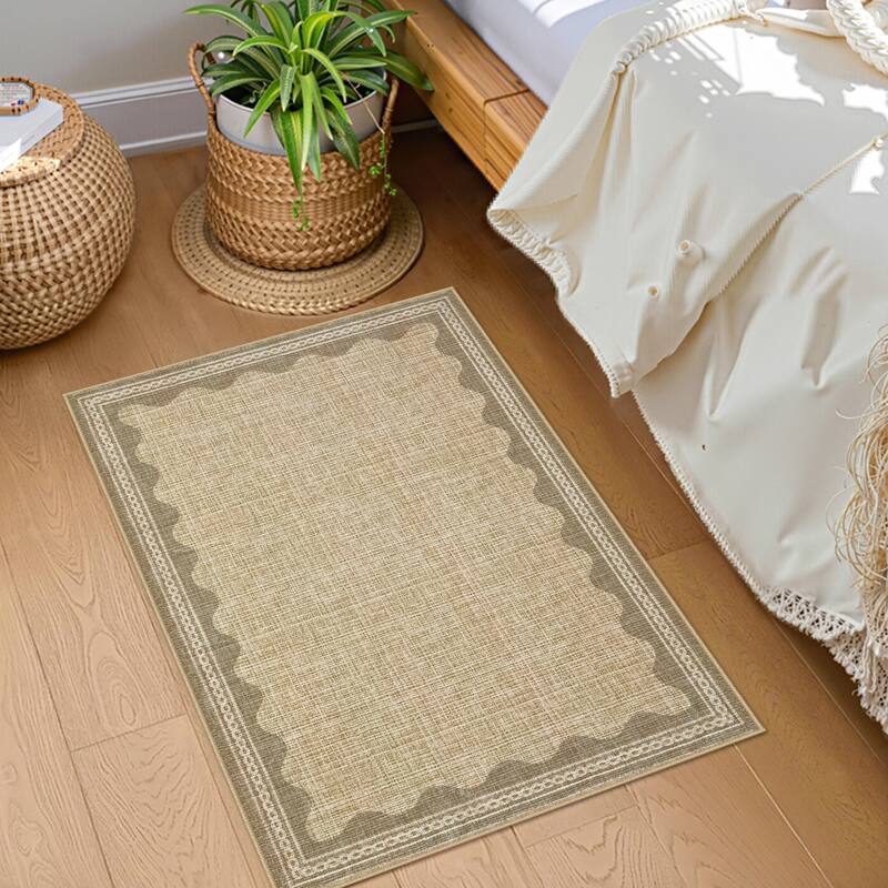 Scalloped Pattern Rugs for Living Room Bedroom Soft Non Slip Low Pile Throw Carpet Washable Foldable Area Rug