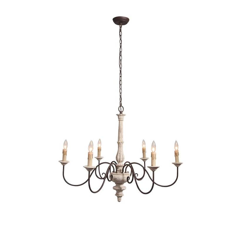 Modern Farmhouse 6-Light Shabby Chic Candle Style Wood Chandelier - Cream - 37 in.