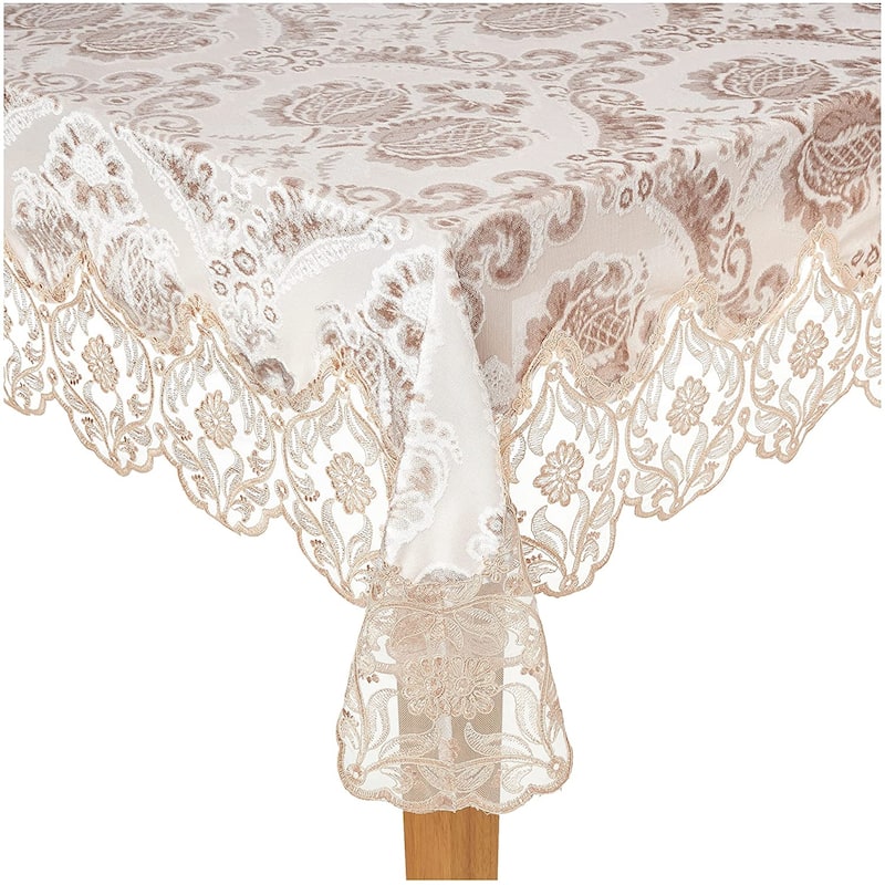 Violet Linen Deluxe Elegant Velvet Lace Sheer Floral Pattern Tablecloth - 70" X 120" - Taupe
