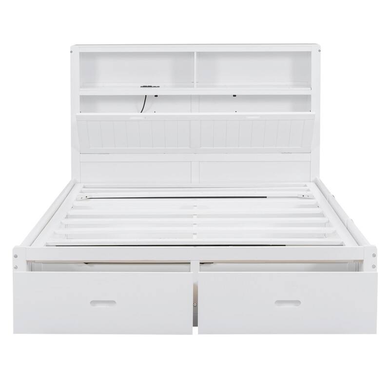 Full/Queen Size Hydraulic Storage Platform Bed Frame with LED, Charging Station and 2 Drawers
