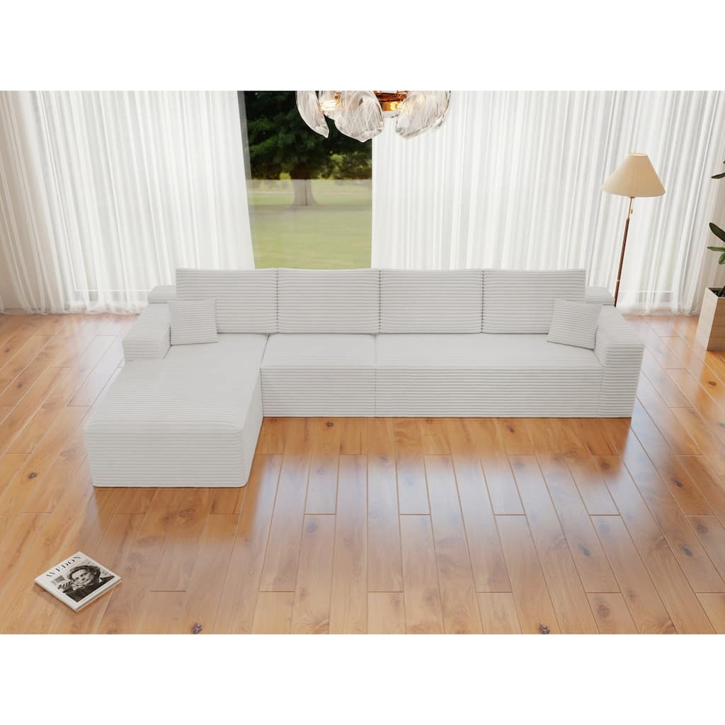 Roomfitters 131.9" Modular Sectional Sofa, 4-Piece Compressed Cloud Couch, No Assembly Required, Plush Corduroy, White