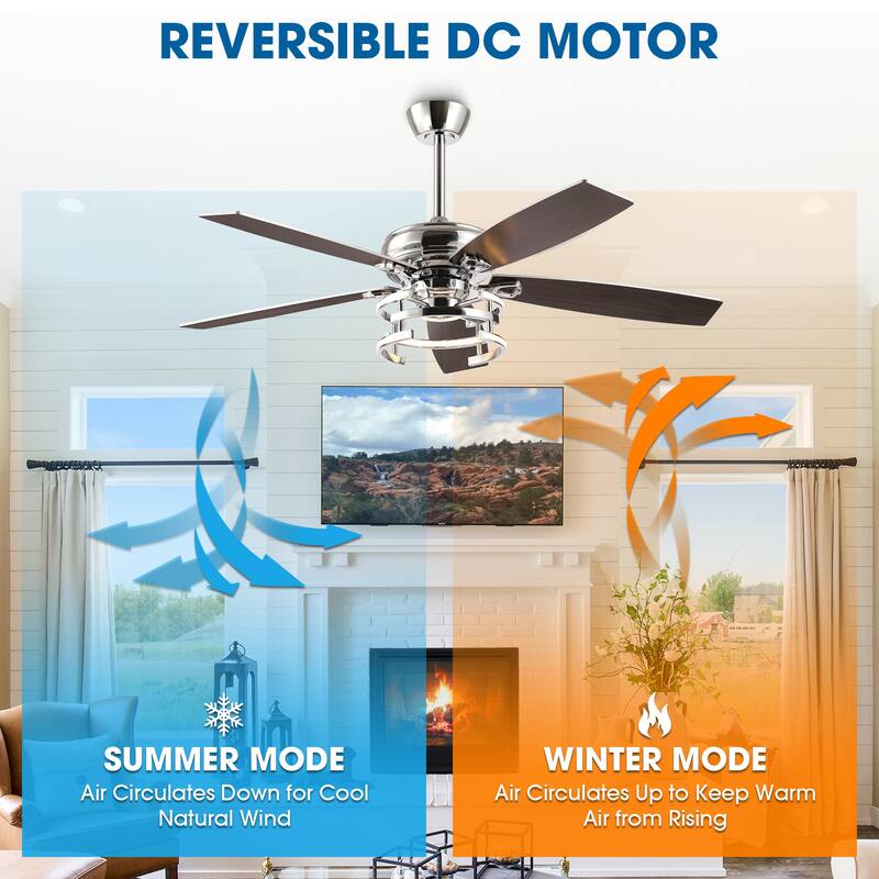 52" Farmhouse Chrome Integrated LED Dimmable Ceiling Fan with Light and Remote - 52 in. W x 52 in. D x 13 in. H