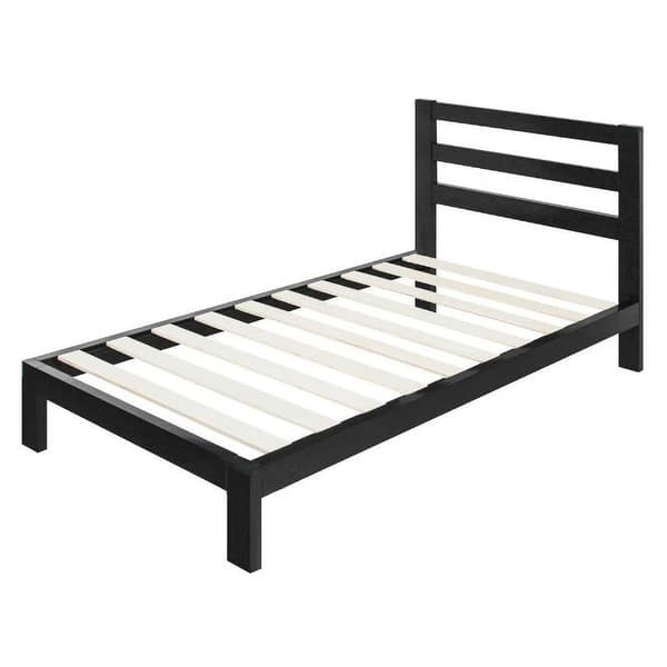 slide 2 of 8, Black Twin size Metal Platform Bed Frame with Headboard and Wood Support Slats Black