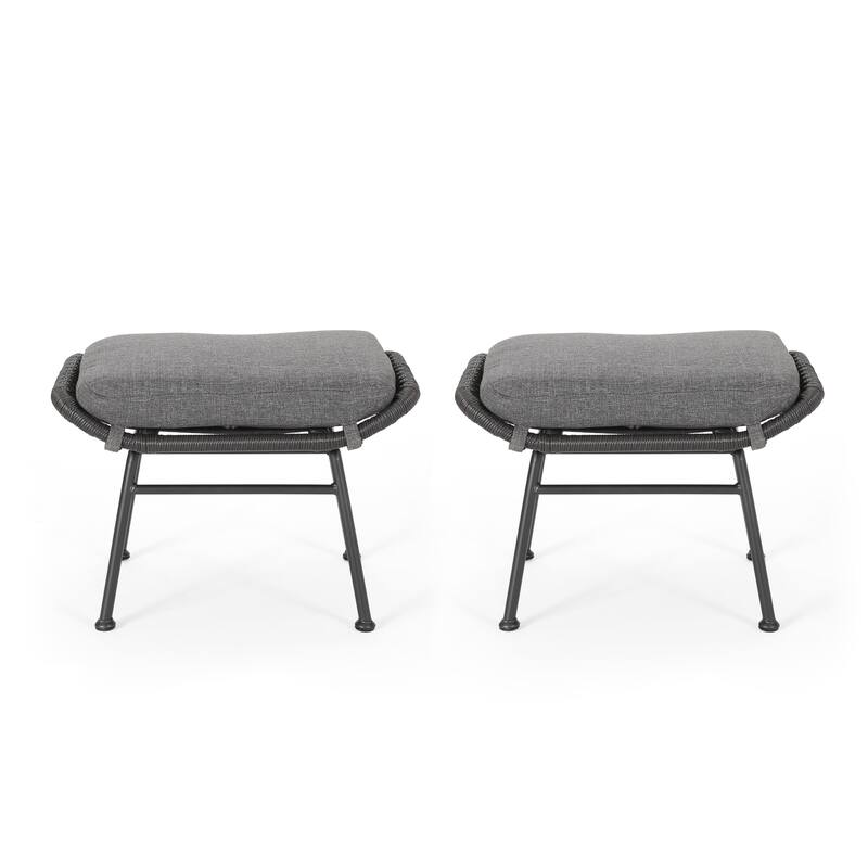 Roomfitters Outdoor Rattan Ottomans with Cushions, Set of 2 Footrests for Patio or Balcony Seating