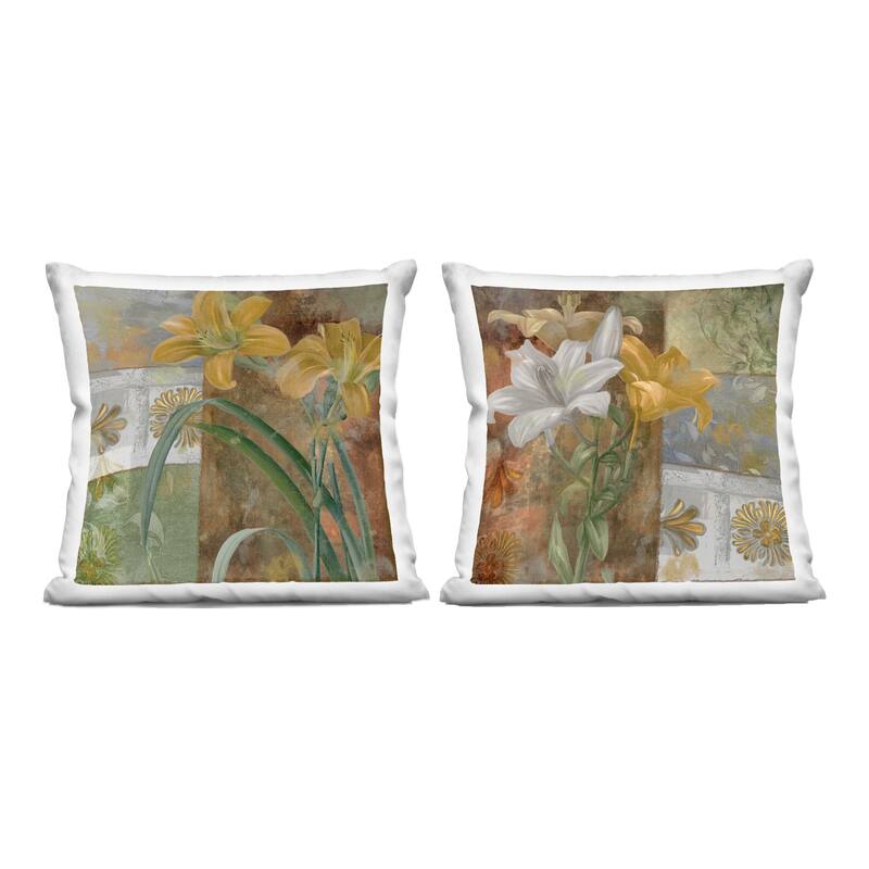 Stupell Lilies & Vintage Tile Patterns Decorative Printed Throw Pillow Design by Sasha (Set of 2) - Pillow Sets - Polyester - Green - Set of 2