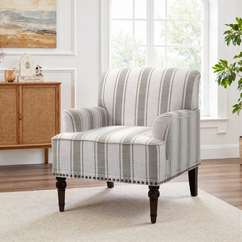 Stripe Linen Accent Arm Chair with Nailhead Trim and Wood Legs