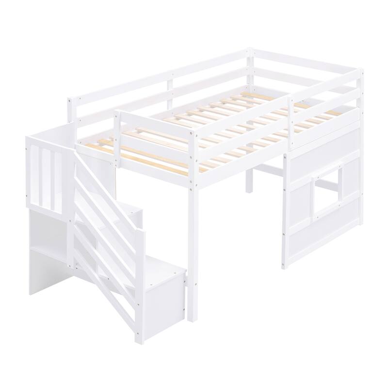 Twin Size Loft Bed with Storage Staircase, Window, and LED Light, White