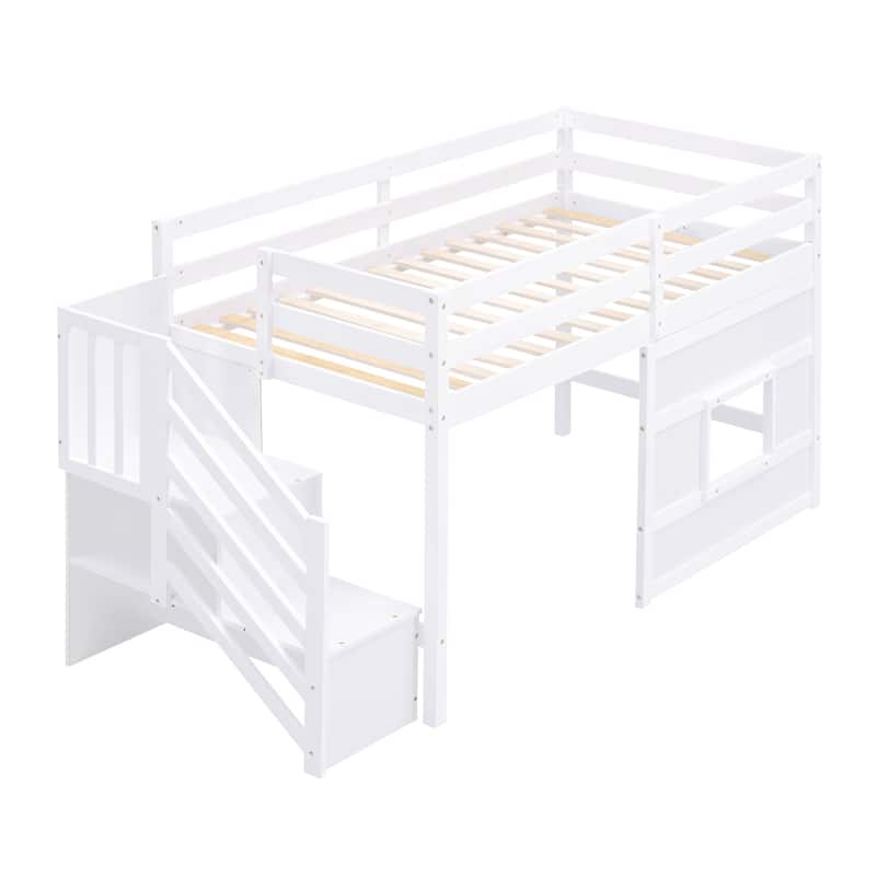 Twin Size Low Loft Bed with Storage Staircase & Window, Wooden Loft Bed Frame w/Full-Length Guardrail for Kids Teens Boys Girls