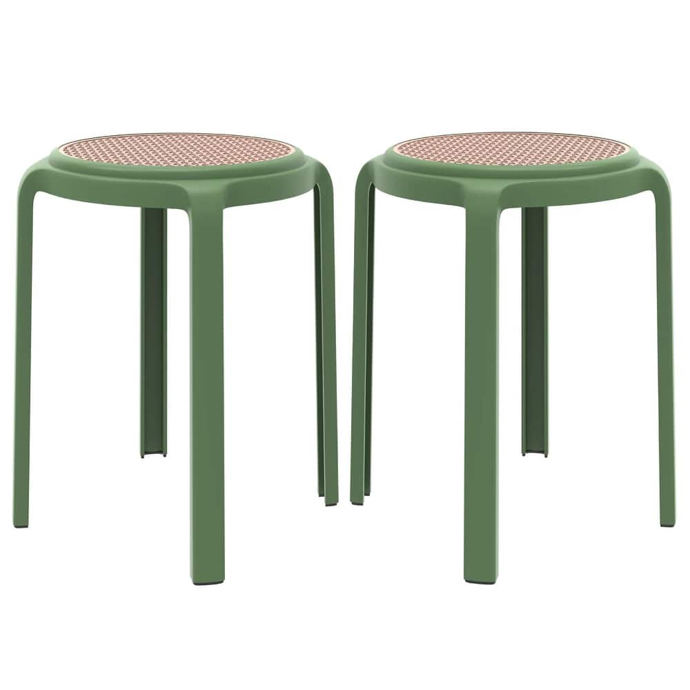 Tresse All-Weather Round Stackable Dining Stool with Wicker-Style Seat for Indoor, Outdoor, Patio, and Kitchen Set of 2