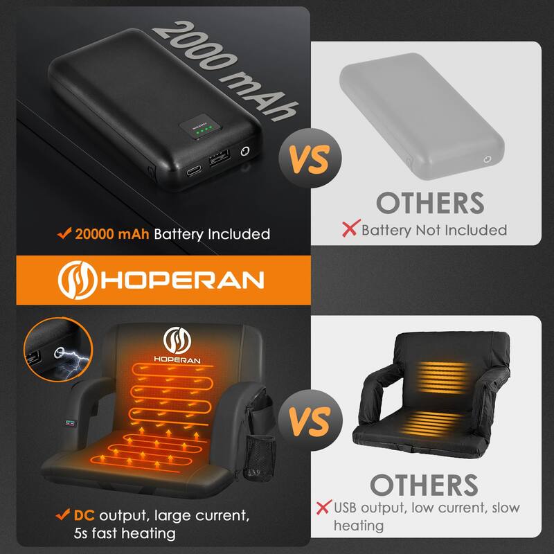 21 Inch 2 Pack Black Heated Stadium Seats for Bleachers with 20000mAh Power Bank Included Stadium Seating