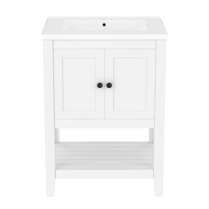 24" White Modern Sleek Bathroom Vanity Elegant Ceramic Sink with Solid Wood Frame Open Style Shelf