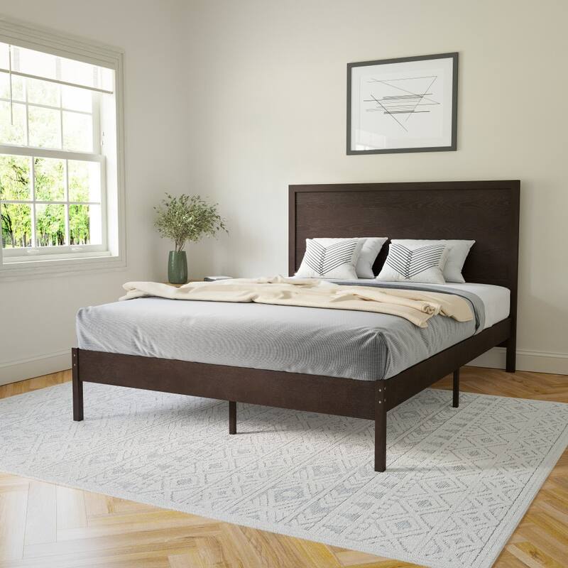Solid Wood Platform Bed with Headboard and Wooden Slats - Dark Brown - Queen