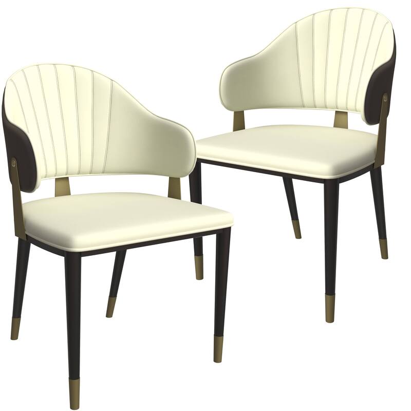 Leather Dining Chair in Iron Set of 2 with Gold Accents Design Modern Ergonomic Side Arm Chair - Black