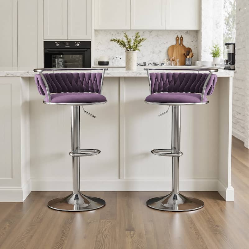 Velvet Upholstered Adjustable Bar Stool Swivel Counter Chair Set of 2 - Purple/Silver - Set of 2