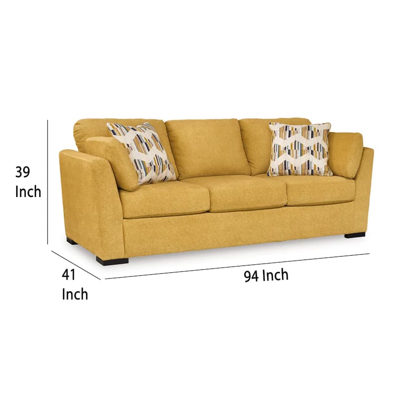 Viena Sofa, 2 Accent Throw Pillows, Soft Yellow Faux Velvet 92 Inch