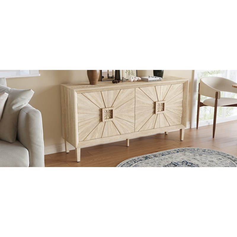 60" Sideboard Buffet Cabinet with Storage, Sunburst 4 Door Wooden Accent Cabinet for Living Room Entryway, Rustic Console Table